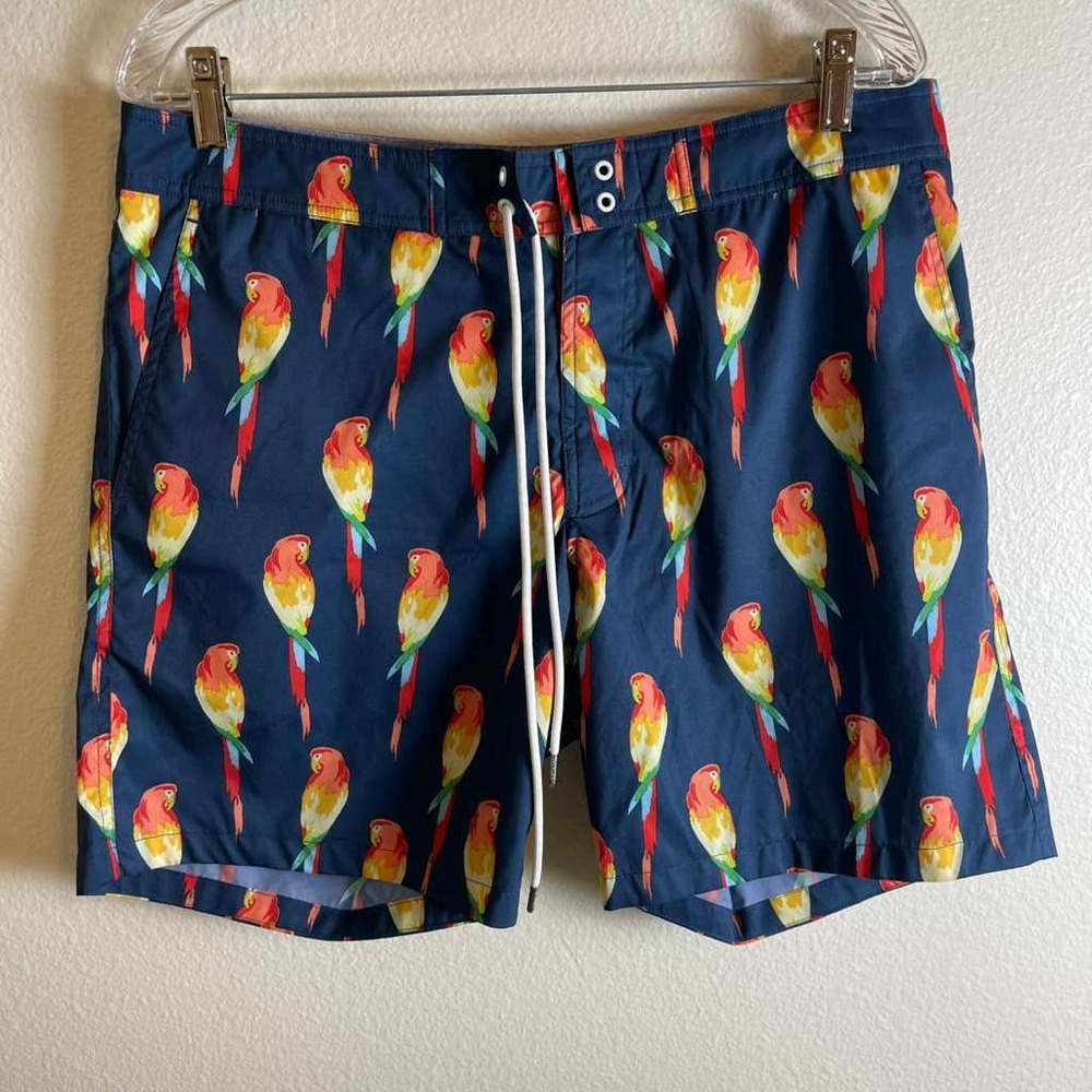 Bonobos Mens 7 Inch Swim Trunks Navy Blue Parrot Bird Print Board Shorts Size 32